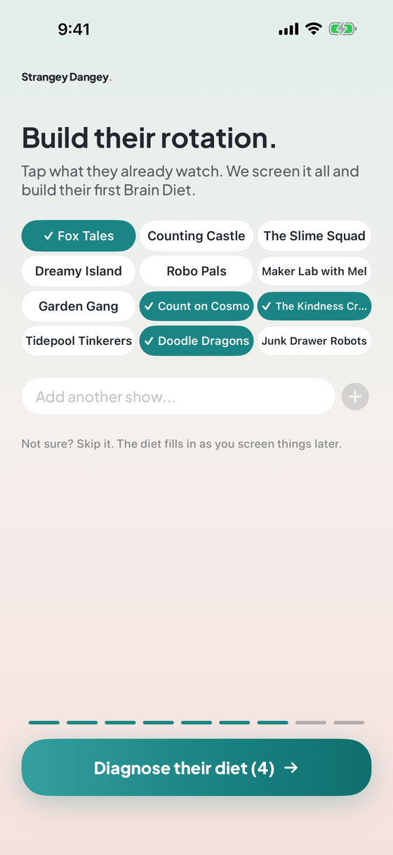 Setup, step six. Tap what they already watch and the button counts them.