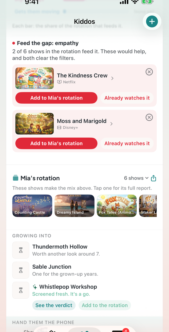 Mia's rotation on the Kiddos tab. The share control is tapped and a menu appears with two choices: Send live link and Share as image.