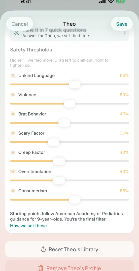 Theo's safety thresholds screen. The Overstimulation slider is dragged from 40 percent up to 70 and back, and the percentage on the row updates as the thumb moves.