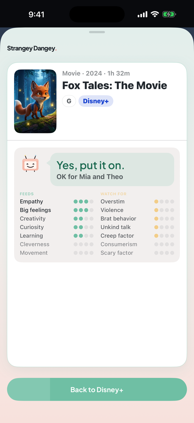 Strangey Dangey in the share sheet over Fox Tales: The Movie on Disney+: Yes, put it on. OK for Mia and Theo.